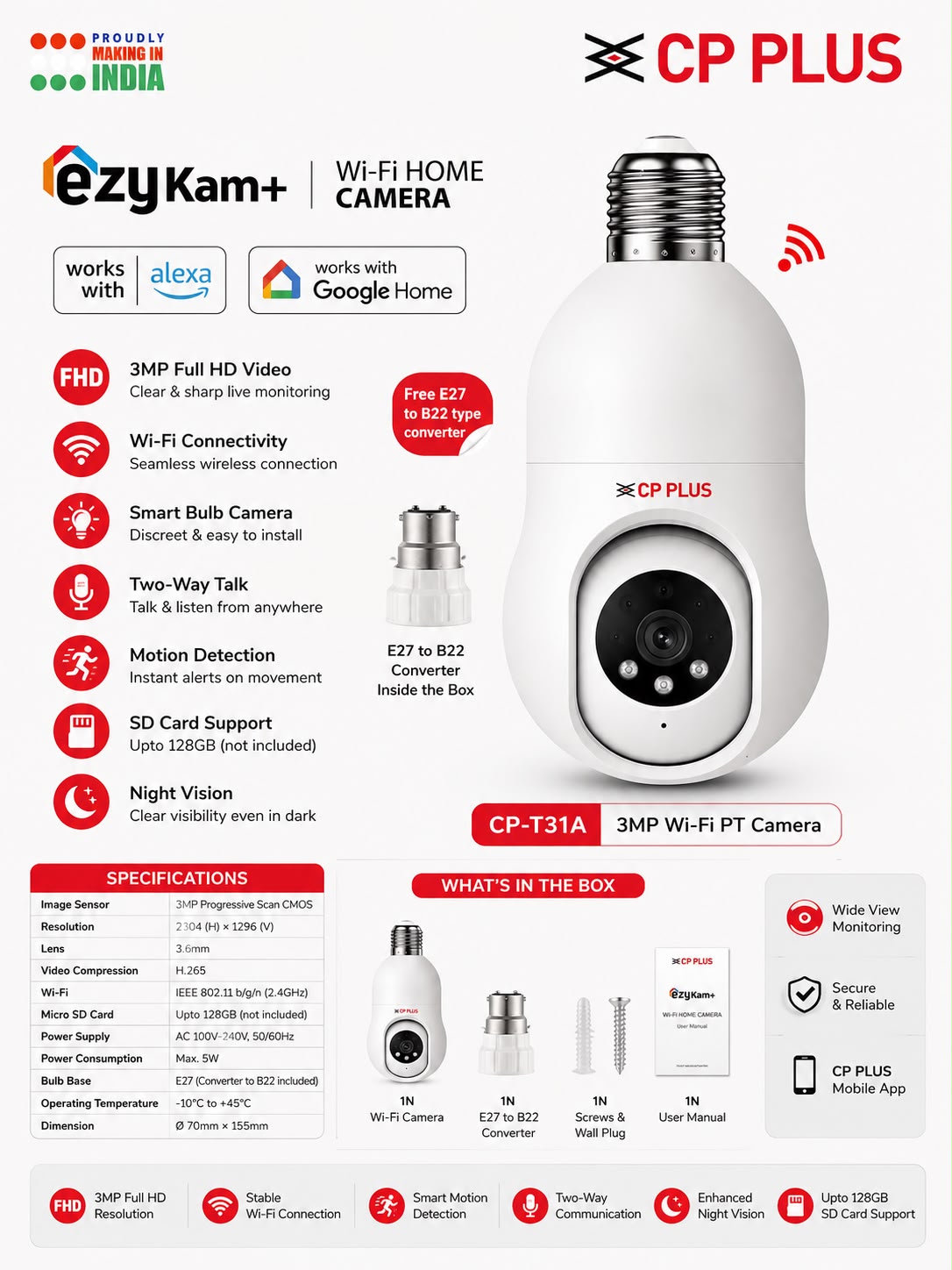CP PLUS CP-T31A 3 MP Resolution Smart Wi-Fi Bulb Security Camera | 360° View | Motion Tracking & Detection Alert - Image 2