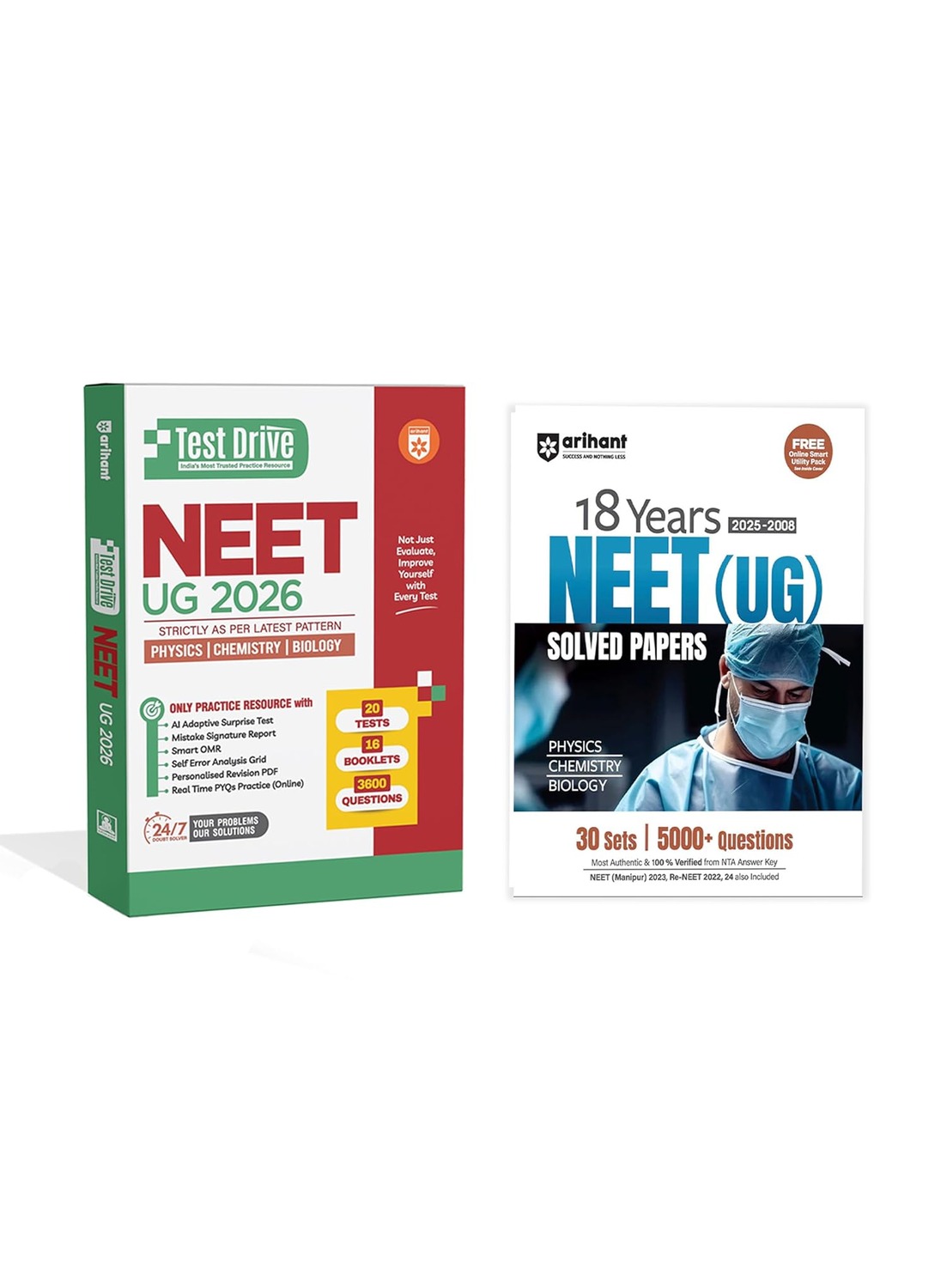 Combo Of Arihant NEET UG 2026-2027 | 18 Years Solved Papers (2008–2025) And Test Drive Practice Papers | Physics Chemistry Biology | Mock Tests, OMR, Answer Keys